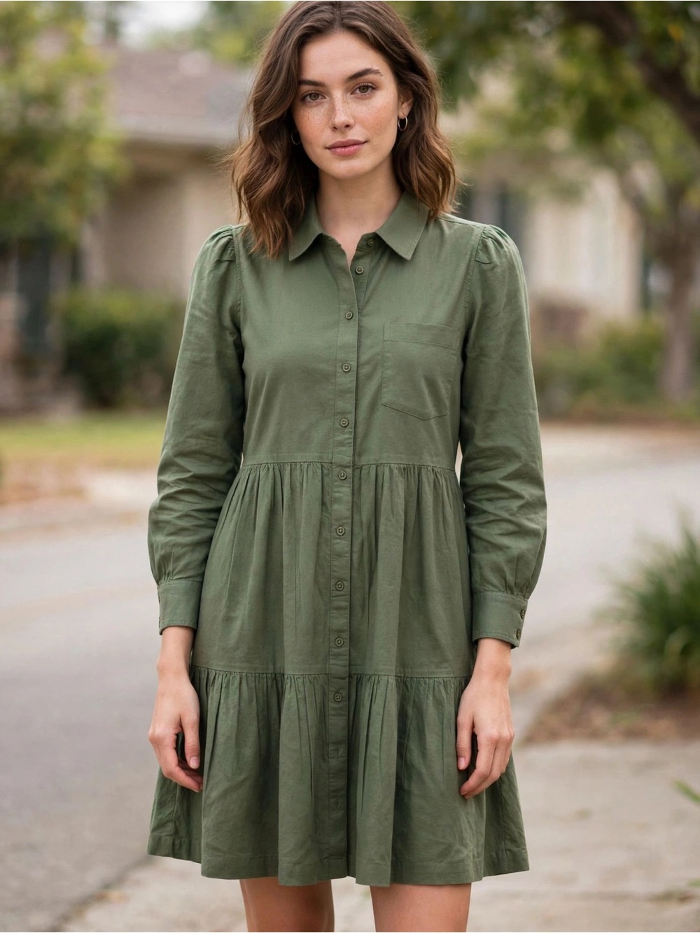 crown & ivy Olive Green Tiered Button-Front Dress